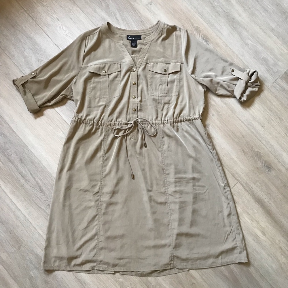 Lane Bryant Tan Button-Up Dress with Drawstring Waist